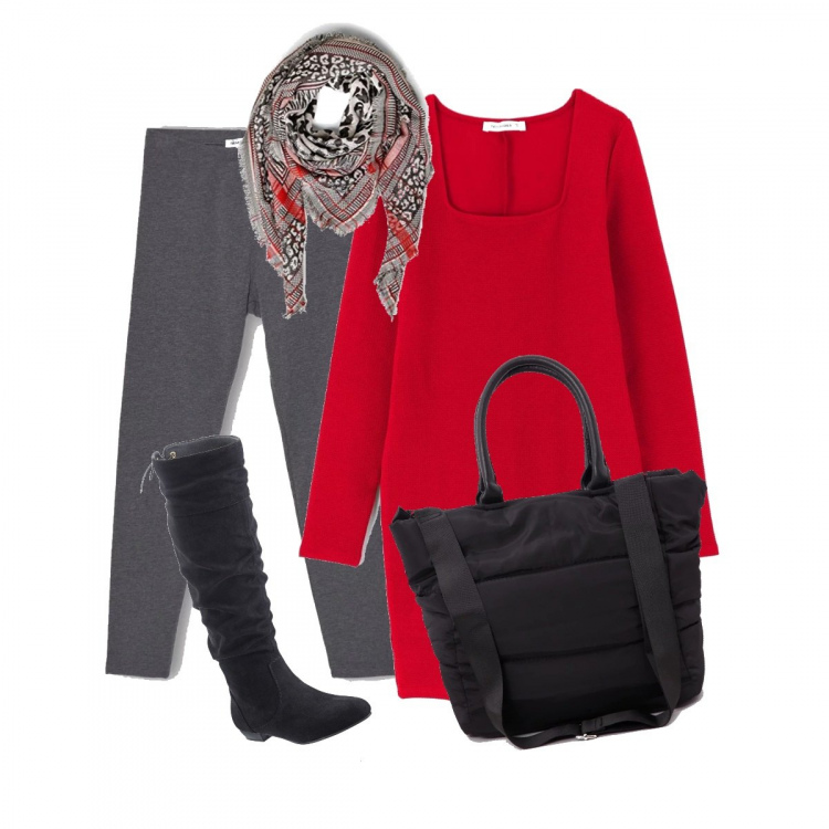 Outfit donna - Al lavoro con un po\' di rosso. Stile Basic per Ufficio. Abbinamento con stivali, vestito corto con tacco squadrato rosso, leggings melange tinta unita grigio, shopping bag con zip tinta unita nero, sciarpa multicolore e nero.