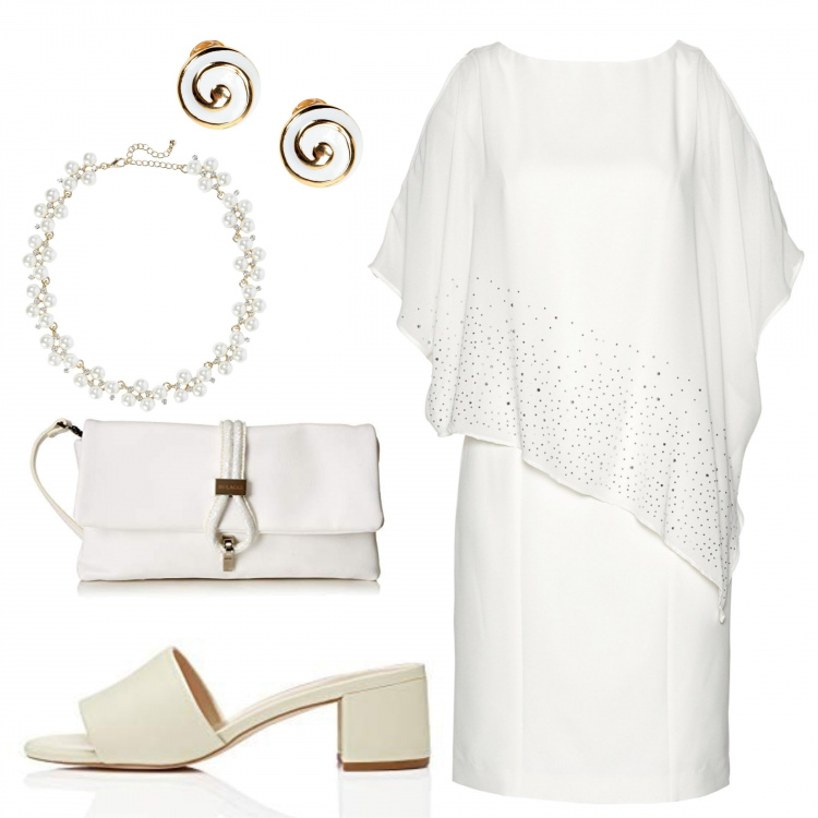 Outfit donna - Inspo Jill Sander. Stile Chic per Cerimonia. Abbinamento con blazer, orecchini, collana con strass e gancio maglia, sabot con tacco largo, clutch.