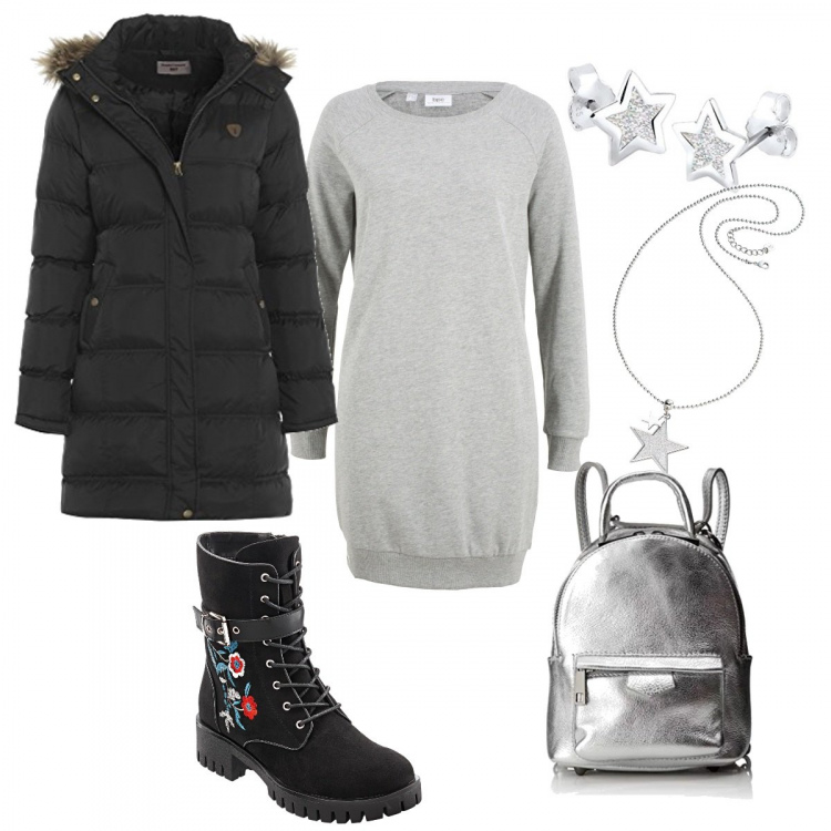 Outfit donna - Vestito sportivo. Stile Basic per Tutti i giorni. Abbinamento con stivali, vestito, collana pendenti argento, cappotto con cappuccio e zip nero e blu scuro, orecchini, zaino argento.