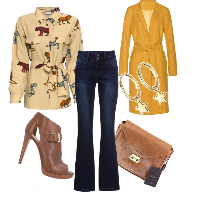 Outfit donna - Sapore di autunno.... Stile Trendy per Tutti i giorni. Abbinamento con jeans bootcut, camicia con cintura beige, cappotti, stivaletti con fibbia open toe tinta unita, borsa marrone, orecchini.