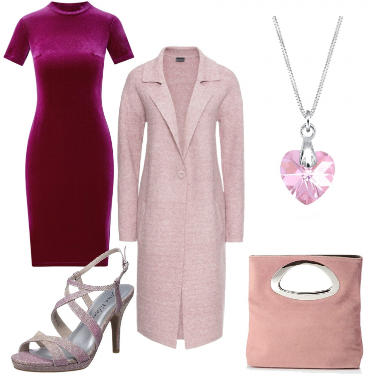 Outfit donna - Rosa rosa rosa. Stile Trendy per Serata fuori. Abbinamento con cappotti, vestiti, borsa a mano rosa, sandali rosa, ciondoli.