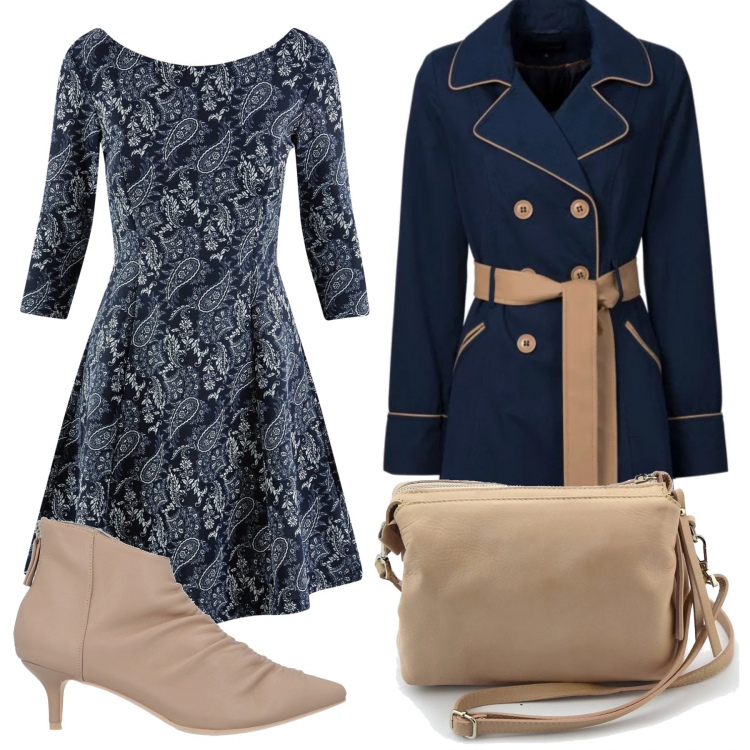 Outfit donna - Pizzata con i colleghi. Stile Trendy per Tutti i giorni. Abbinamento con trench, stivaletti, borsa a tracolla beige, vestito.