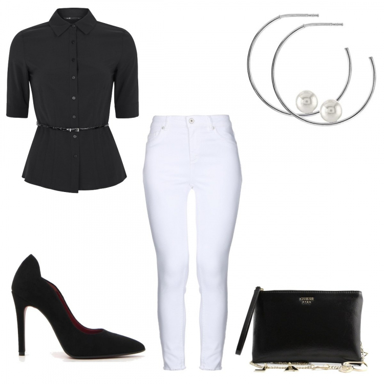 Outfit donna - Bon Ton #13856. Stile Bon Ton per Ufficio. look ideale per Tall. Abbinamento con borsa a tracolla mini effetto vernice nero, jeans con zip tinta unita, orecchini a perno argento, camicie, décolleté sport effetto scamosciato nero.
