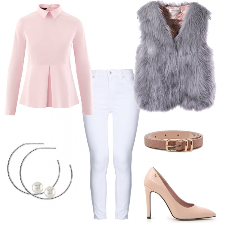 Outfit donna - Trendy. Stile Trendy per Scuola/Università. look ideale per Petite. Abbinamento con jeans con zip tinta unita, cintura con fibbia in ecopelle rosa, camicetta vita alta aderente rosa, parka, décolleté, orecchini a perno argento.
