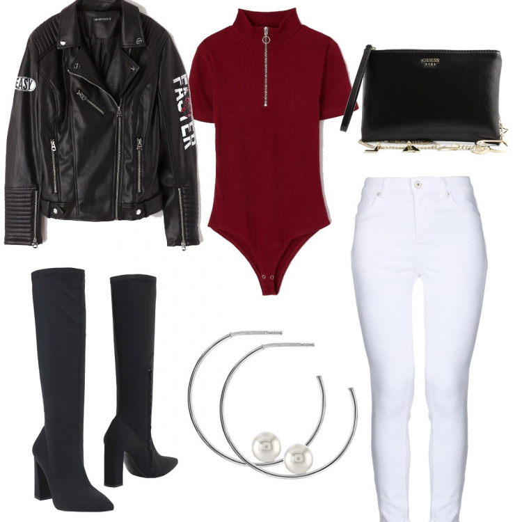 Outfit donna - Sportiva quanto elegante. Stile Urban per Serata fuori. Abbinamento con borsa a tracolla mini effetto vernice nero, stivali, jeans con zip tinta unita, body a coste con zip tinta unita bordeaux, giubbino in ecopelle tinta unita nero, orecchini a perno argento.