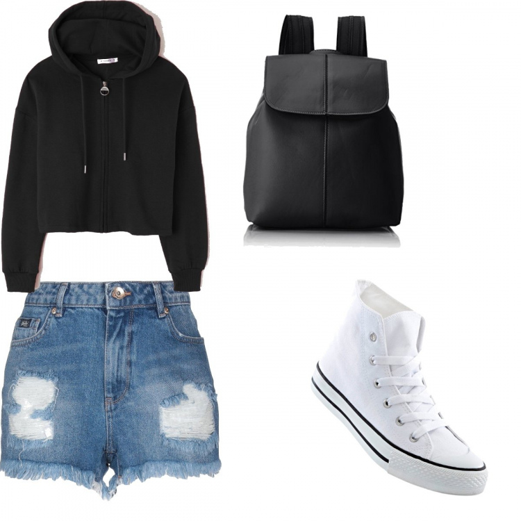 Outfit donna - Sportivo. Stile Basic per Tutti i giorni. Abbinamento con shorts delavé con zip in denim tinta unita, felpa con cappuccio crop con zip nero, borsa zainetto nero, sneakers alte.