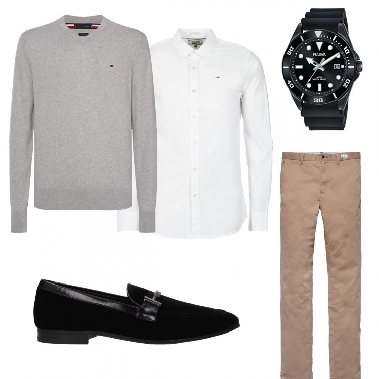Outfit uomo - Preppy. Stile Business/Elegante per Ufficio. Abbinamento con mocassini in velluto nero, camicie, felpe, orologi, pantalone chino.