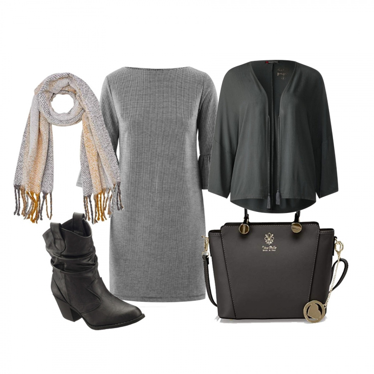 Outfit donna - Urban dress style. Stile Trendy per Scuola/Università. Abbinamento con stivaletti texani, vestito mini con volant e scollo nero, borsa a mano nero, cardigan, cappello a righe giallo.