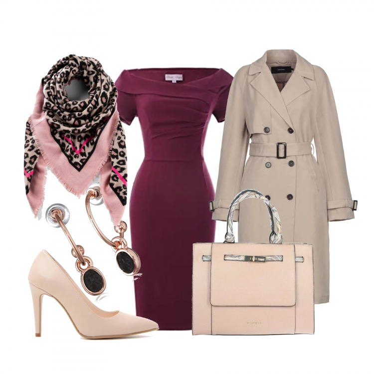 Outfit donna - Dress fitted avvivato e sagomato. Stile Chic per Ufficio. Abbinamento con foulard, soprabito in gabardine, borse a mano, vestito a matita fantasia floreale con scollo a maniche corte rosso e nero e verde e blu, décolleté rosa, orecchini a pendolo.