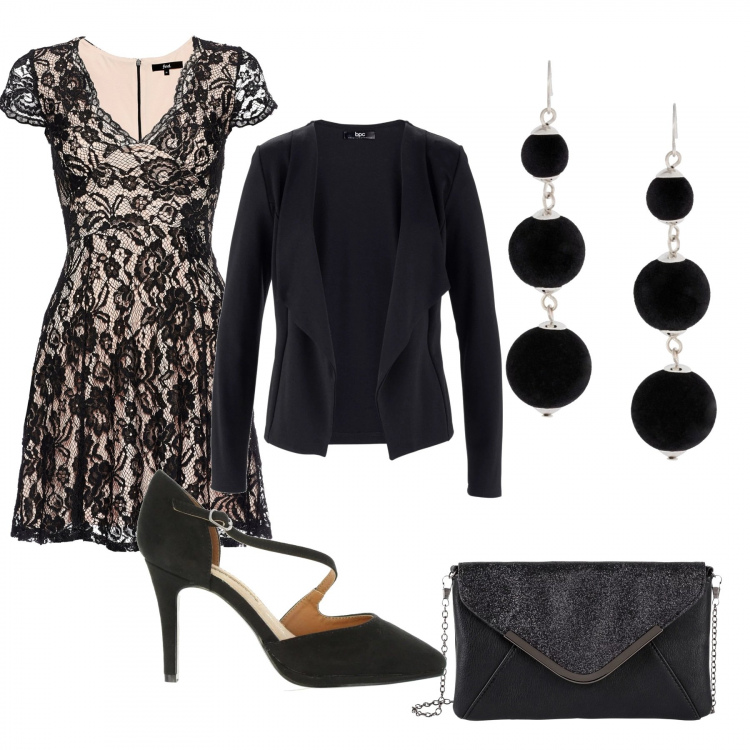 Outfit donna - Trendy #28858. Stile Trendy per Serata fuori. Abbinamento con blazer, orecchini, pochette, vestito, scarpe col tacco.