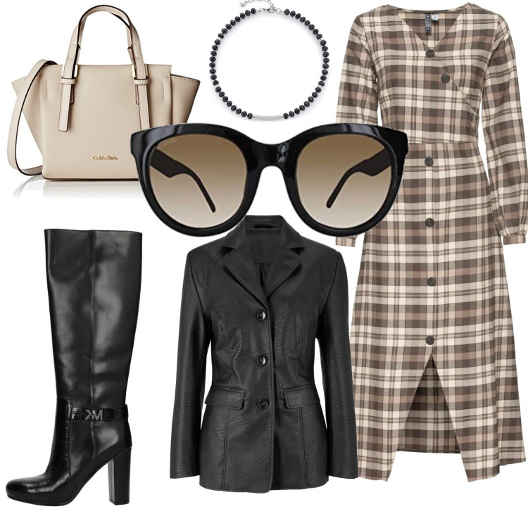 Outfit donna - Plaid perfect. Stile Urban per Serata fuori. Abbinamento con blazer, vestito midi fantasia con scollo e bottoni marrone, stivali nero, occhiali da sole nero, catena, shopping bag mini beige.
