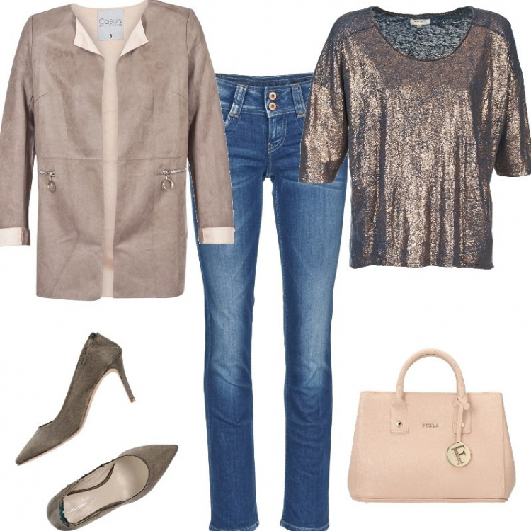 Outfit donna - In oro elegante. Stile Bon Ton per Ufficio. look ideale per Tall. Abbinamento con décolleté a punta in flanella tinta unita, borsa a mano con bottoni rosa, jeans, cappotti, t-shirt marrone.