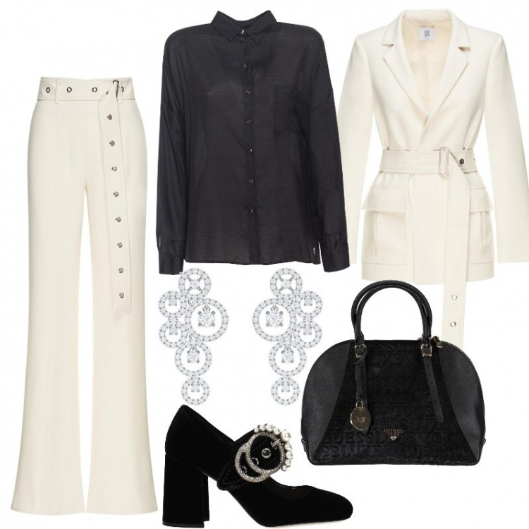 Outfit donna - Ufficio. Stile Basic per Ufficio. look ideale per Tall. Abbinamento con décolleté in velluto nero, giacca cargo con cintura, camicie, zaini, orecchini con pizzo bianco, pantalone palazzo con cintura vita alta made italy argento.