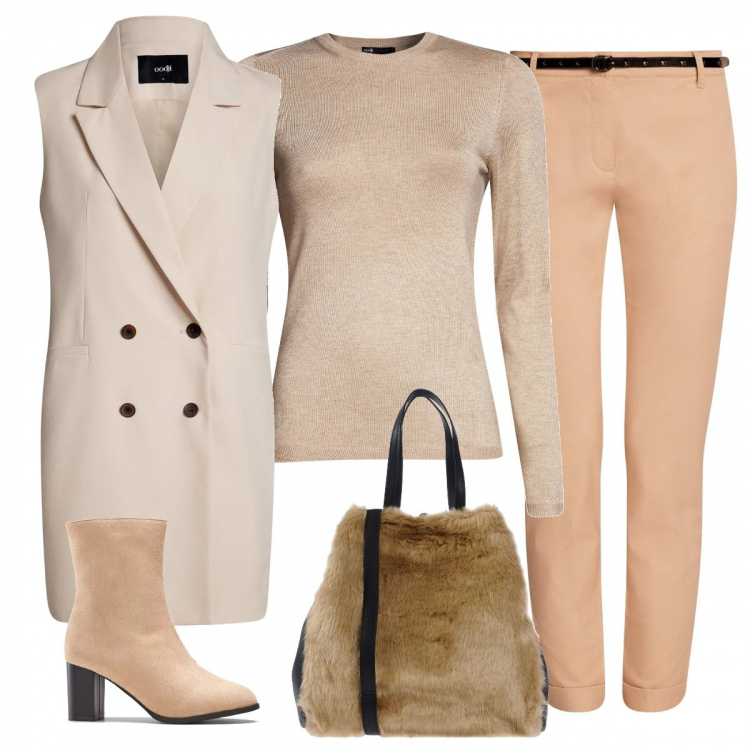 Outfit donna - Jill Sander idee. Stile Bon Ton per Ufficio. Abbinamento con stivaletti con zip beige, borsa a mano taglia media in pelle sintetica bianco, cappotto a panciotto con spacco aderente beige, pantalone, maglione girocollo a maniche lunghe beige.