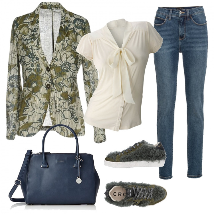 Outfit donna - Vado in ufficio. Stile Chic per Ufficio. Abbinamento con jeans skinny, camicia, sneakers, giacca con spacco posteriore fantasia floreale collo con revers a maniche lunghe interno sfoderato in lino monopetto, borsa a spalla.