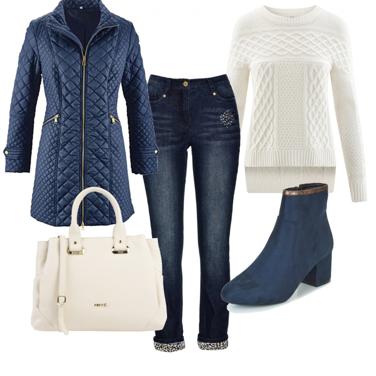Outfit donna - Aspettando il freddo. Stile Urban per Scuola/Università. Abbinamento con blazer, jeans in denim blu, borsa a mano, stivaletti, maglione lavorato a maglia aderente bianco.