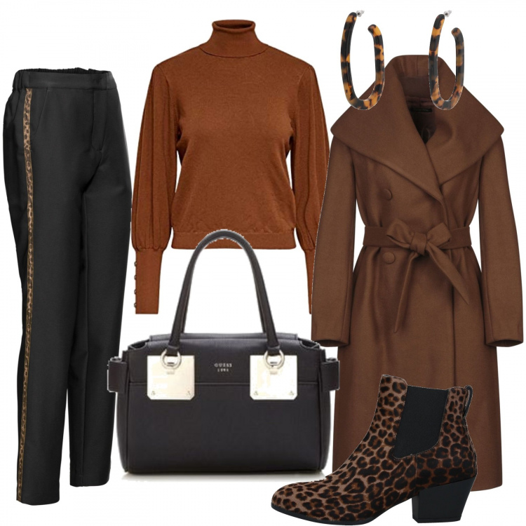 Outfit donna - Pantalone con bande laterali. Stile Trendy per Ufficio. Abbinamento con pantalone lungo, stivaletti, cappotto, orecchini effetto acetato con farfallina, pullovers, borsa a mano con zip e tracolla regolabile nero.