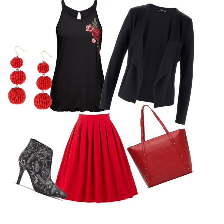 Outfit donna - Sfiziosa da giorno. Stile Trendy per Tutti i giorni. Abbinamento con blazer, top, orecchini a goccia rosso, tronchetti fantasia floreale nero, gonna midi vita alta con pieghe, shopping bag con borchie e zip rosso.