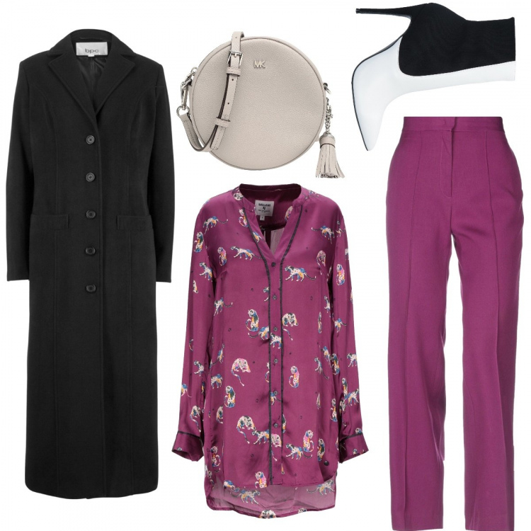 Outfit donna - #Mira. Stile Trendy per Ufficio. Abbinamento con cappotti, camicia, pantaloni, stivaletti fantasia a punta, borsa a tracolla con manico in pelle martellata taglia media con zip interno foderato tinta unita.