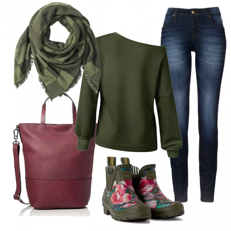 Outfit donna - Stivaletto decorato. Stile Urban per Tutti i giorni. Abbinamento con jeans skinny, foulard, maglione oversize con spalle scoperte a maniche lunghe in in maglia, stivali verde e rosa, borse a mano.
