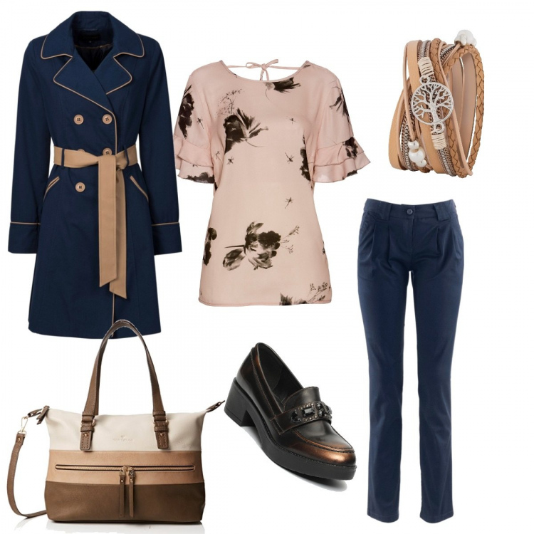 Outfit donna - È ancora Mercoledì.... Stile Urban per Tutti i giorni. Abbinamento con pantaloni chino, trench, braccialetti, reggiseni, mocassini con punta tonda, borsa beige e grigio.