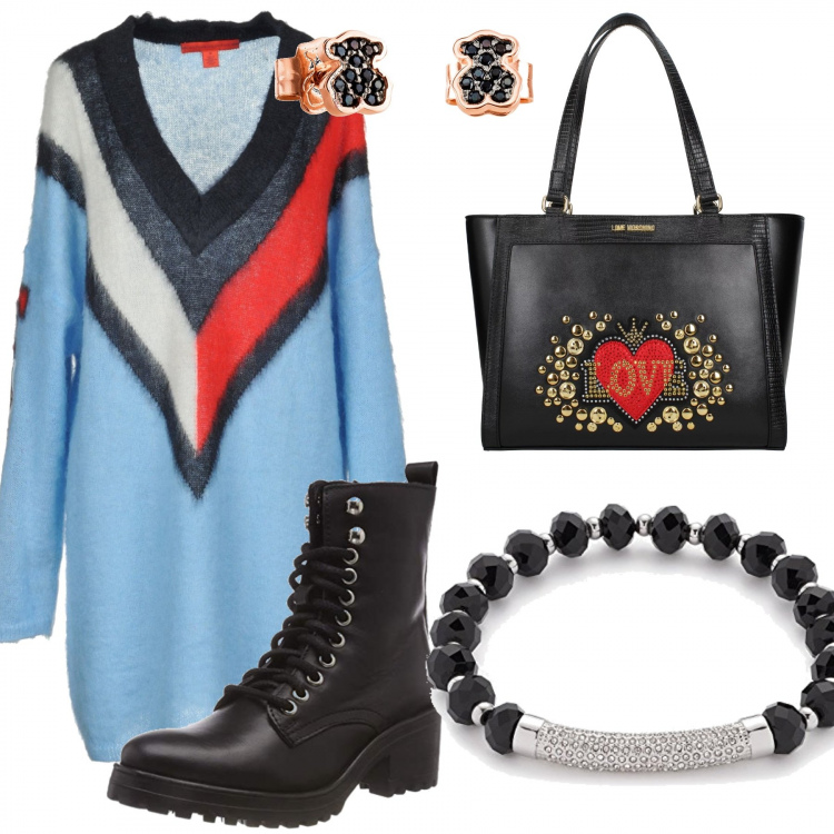 Outfit donna - Divertente. Stile Trendy per Tutti i giorni. Abbinamento con vestito corto senza tasche fantasia multicolore lavorato a maglia a maniche lunghe interno sfoderato, orecchini con strass e farfallina argento e oro, borsa a spalla, stivaletti, braccialetto.