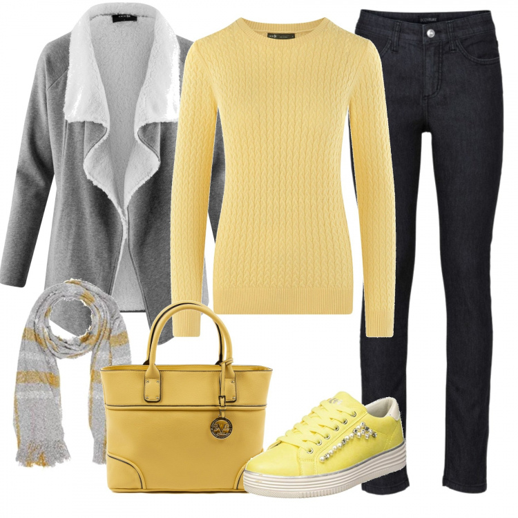 Outfit donna - Giallo di mezza stagione. Stile Basic per Tutti i giorni. Abbinamento con jeans skinny, cardigan, maglione, scarpe da ginnastica giallo, borse a mano, sciarpe.