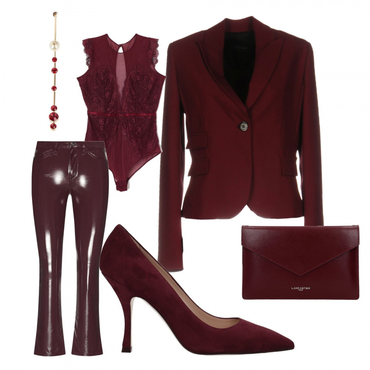 Outfit donna - Belen Rodriguez. Stile Sexy per Serata fuori. Abbinamento con giacca collo con revers a maniche lunghe interno foderato crêpe, orecchini con strass e perline con farfallina in ottone, body con pizzo in tulle, pochette con logo frontale rosso, décolleté, pantalone forma svasata con cinturino e zip made italy bordeaux.