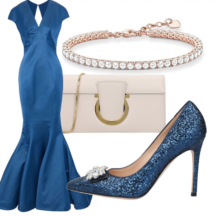 Outfit donna - Blu cerimonia. Stile Chic per Cerimonia. Abbinamento con vestiti lunghi, décolleté, pochette, bracciale.