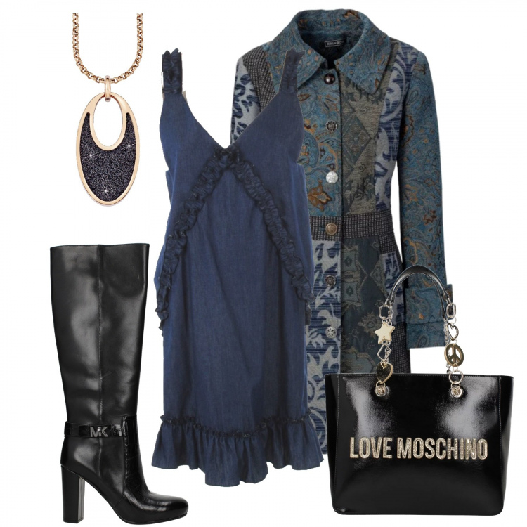 Outfit donna - Cappottino damascato. Stile Chic per Tutti i giorni. Abbinamento con cappotti, stivali nero, borsa a spalla nero, vestito blu, collana.