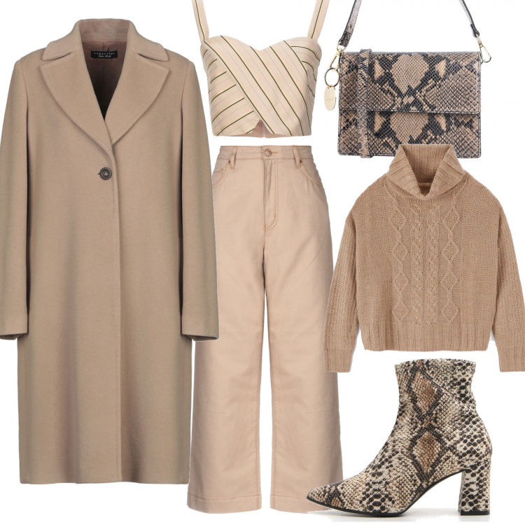 Outfit donna - Jil sander. Stile Urban per Tutti i giorni. Abbinamento con pantalone lungo, borsa a mano mini con manico e stampa effetto vernice interno in pelle, top, cappotto collo con revers a maniche lunghe interno foderato tinta unita, maglione a trecce melange collo a dolcevita beige, stivaletti.