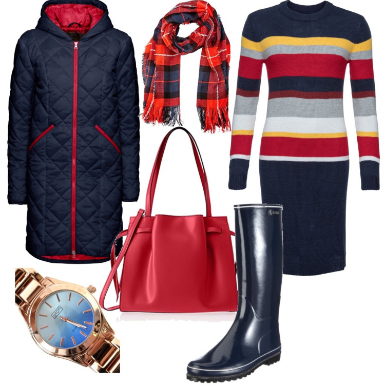 Outfit donna - #Mi vesto bene con poco. Stile Urban per Scuola/Università. Abbinamento con blazer, cappotti, orologio analogico azzurro e blu, stivali, shopping bag rosso, sciarpa.