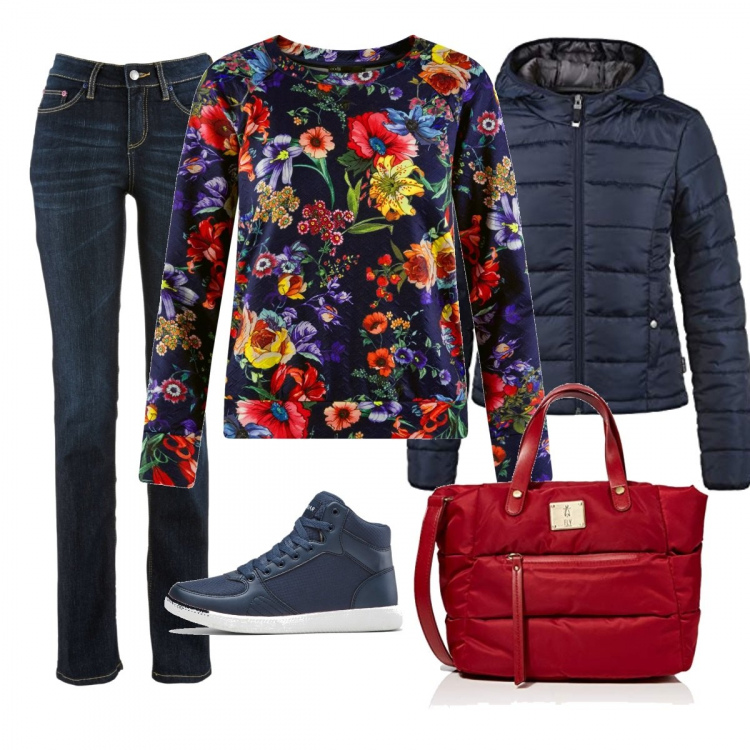 Outfit donna - Ditelo con i fiori. Stile Basic per Tutti i giorni. Abbinamento con jeans dritti, sneakers sport con lacci in pelle sintetica blu, felpa con stampa e scollo aderente blu, giubbotto, borsa a spalla.