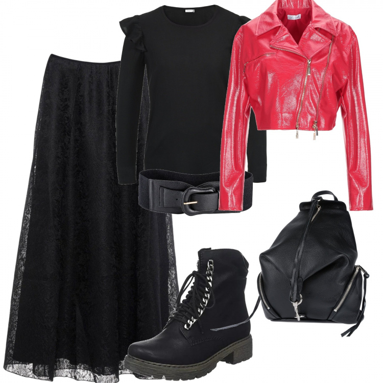 Outfit donna - Dolcetto o scherzetto con i bambini. Stile Rock per Serata fuori. Abbinamento con cinture, gonna lunga con pizzo e zip interno foderato tinta unita, giubbotto effetto vernice collo classico a maniche lunghe con zip interno foderato in pelle sintetica tinta unita, borsa, camicetta spacchi laterali motivo gessato con ruches scollatura aderente nero, stivaletti con zip nero.