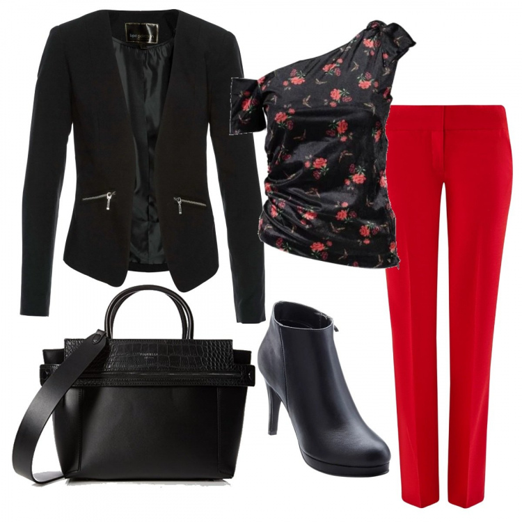 Outfit donna - Top monospalla. Stile Trendy per Serata fuori. Abbinamento con blazer, stivaletti, maglia, pantalone aderente rosso, borse a mano.