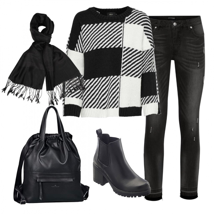 Outfit donna - Zebrato bianconero. Stile Basic per Tutti i giorni. Abbinamento con stivaletti chelsea, top, pullover, scialle, borsa zainetto nero.