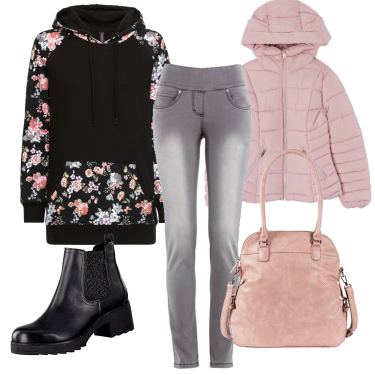 Outfit donna - Curvy con la felpa. Stile Urban per Tutti i giorni. Abbinamento con jeans slim fit, felpe con cappuccio, borsa a mano con zip e tracolla regolabile rosa, piumino con cappuccio e zip tinta unita rosa, stivali chelsea nero.
