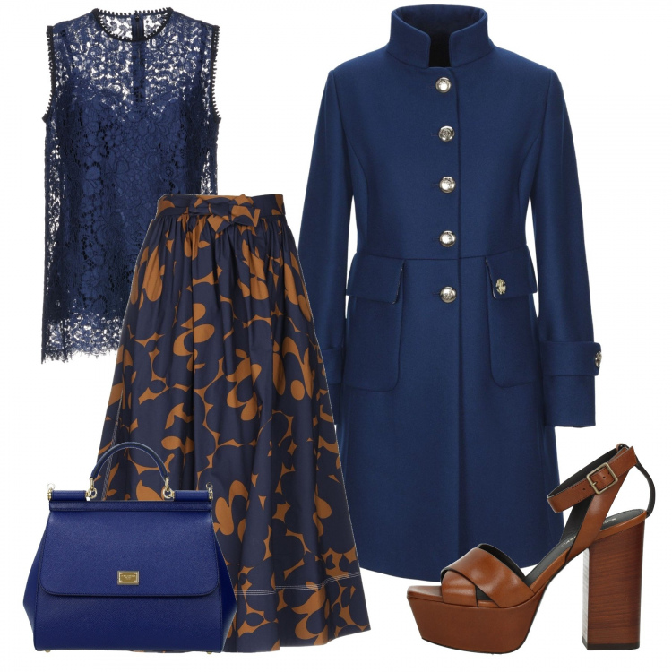 Outfit donna - Mondaystyle classic. Stile Chic per Ufficio. Abbinamento con cappotto collo alto a maniche lunghe interno foderato tinta unita, gonne longuette, top, cintura, sandali, borsa a mano.