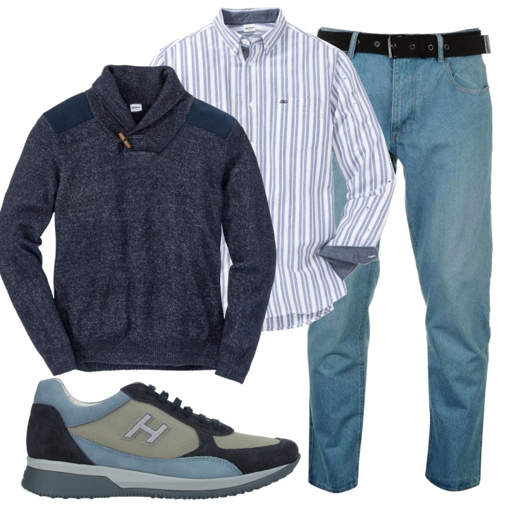 Outfit uomo - Blu e righe. Stile Casual per Ufficio. Abbinamento con maglieria, camicia con ricamo a maniche lunghe bianco, sneakers, jeans.