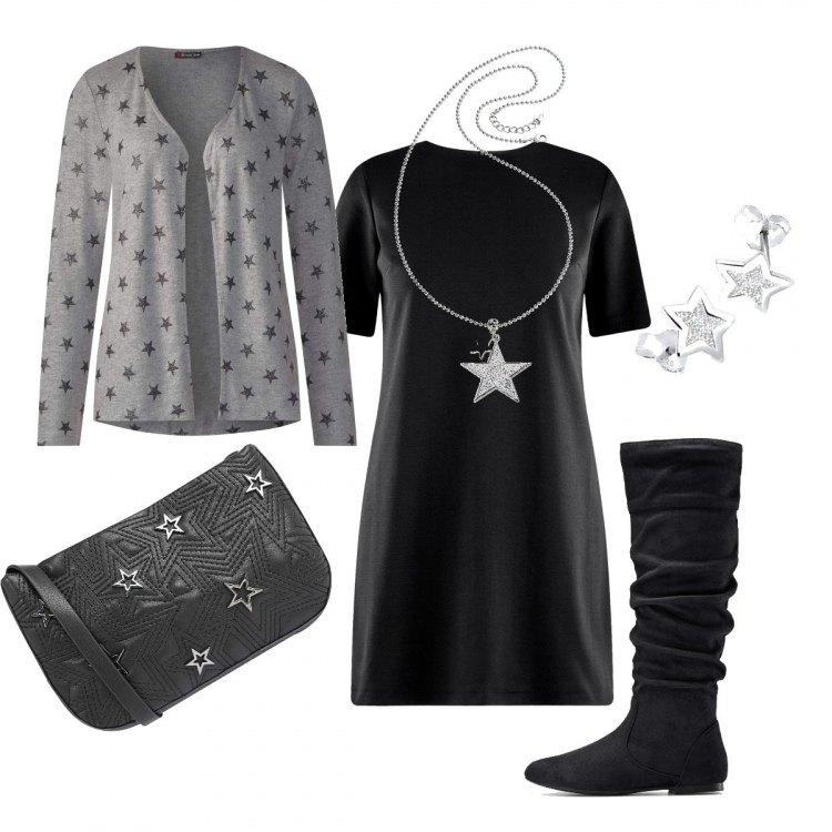 Outfit donna - Stars. Stile Urban per Tutti i giorni. Abbinamento con stivali, collana pendenti argento, vestito corto, cardigan melange multicolore e grigio, orecchini, shopping bag.