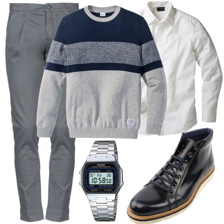 Outfit uomo - Uomo!. Stile Urban per Tutti i giorni. Abbinamento con camicie, maglione a righe grigio, pantalone con zip tinta unita, stivaletti con tacco e punta tonda navy, orologi digitali.