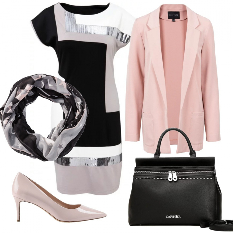 Outfit donna - A scuola... latino e storia. Stile Bon Ton per Scuola/Università. Abbinamento con décolleté con tacco basso, vestiti corti, vestiti, foulard, borsa a mano.