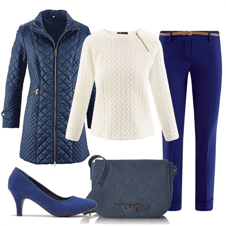Outfit donna - Ben coperta. Stile Bon Ton per Tutti i giorni. Abbinamento con blazer, sciarpe, maglione con zip aderente bianco, pantalone, borsa a tracolla blu.