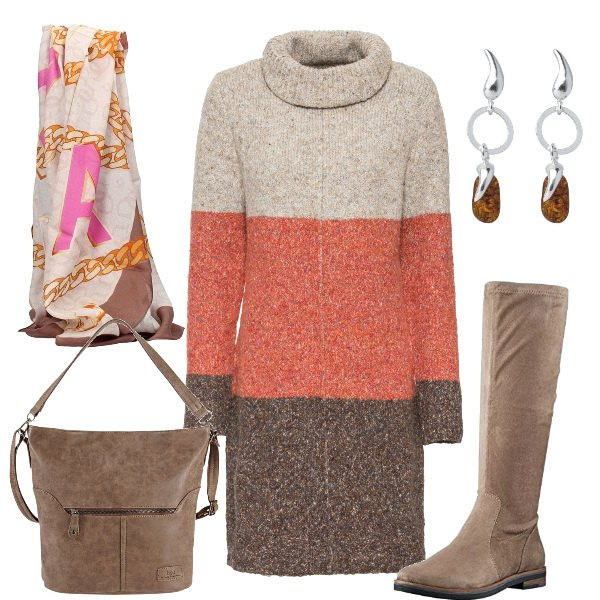 Outfit donna - Dress in maglia con stivali. Stile Urban per Tutti i giorni. Abbinamento con vestiti, foulard, sciarpe, stivali marrone e grigio e nero, orecchini forma ovale argento.