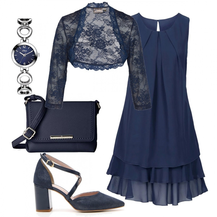 Outfit donna - Coprispalla in pizzo blu. Stile Basic per Cerimonia. Abbinamento con vestiti, bolero con pizzo blu, décolleté, borse a tracolla, orologi.