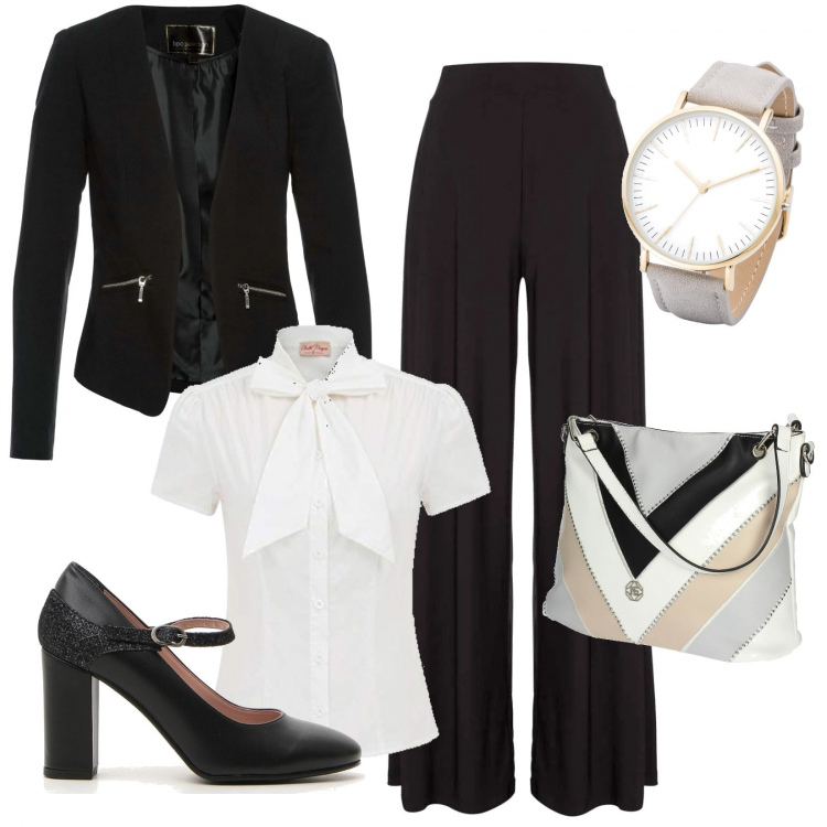 Outfit donna - Colloquio di lavoro. Stile Bon Ton per Ufficio. Abbinamento con blazer, maglieria, shopping bag, pantalone wide leg nero, t-shirt, décolleté.