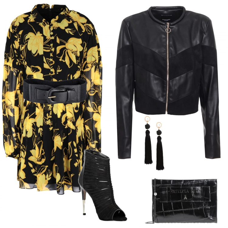 Outfit donna - Cena in pizzeria. Stile Trendy per Serata fuori. Abbinamento con cinture, vestito corto fantasia floreale collo alto a maniche lunghe interno foderato crêpe, borsa a mano, orecchini con strass e farfallina con nappine, giubbotto nero, sandali con zip nero.