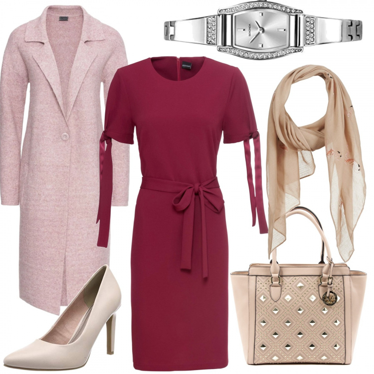 Outfit donna - Cappotto rosa. Stile Chic per Serata fuori. Abbinamento con cappotti, vestito con fiocco a maniche corte, sciarpe, borse a mano, scarpe con tacco rosa, orologi analogici.