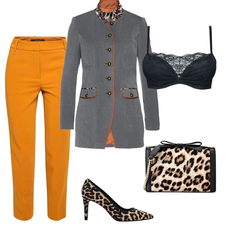 Outfit donna - Improbabile completo. Stile Trendy per Serata fuori. Abbinamento con reggiseni push-up, blazer, décolleté, borsa a mano mini fantasia interno foderato con tracolla removibile, pantaloni.