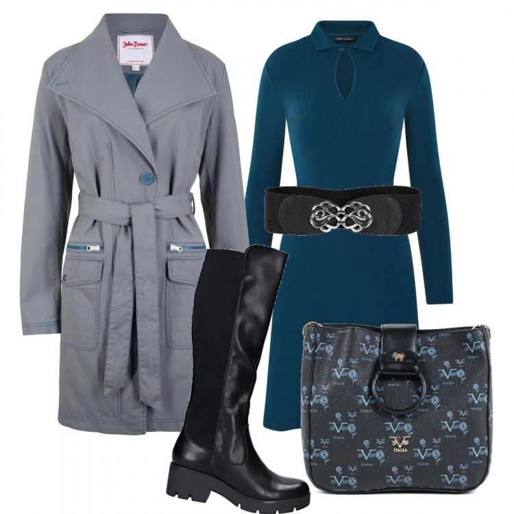 Outfit donna - L\'abito petrolio. Stile Basic per Tutti i giorni. Abbinamento con cinture, trench grigio, vestito, stivali nero, borsa a mano in pelle nero.